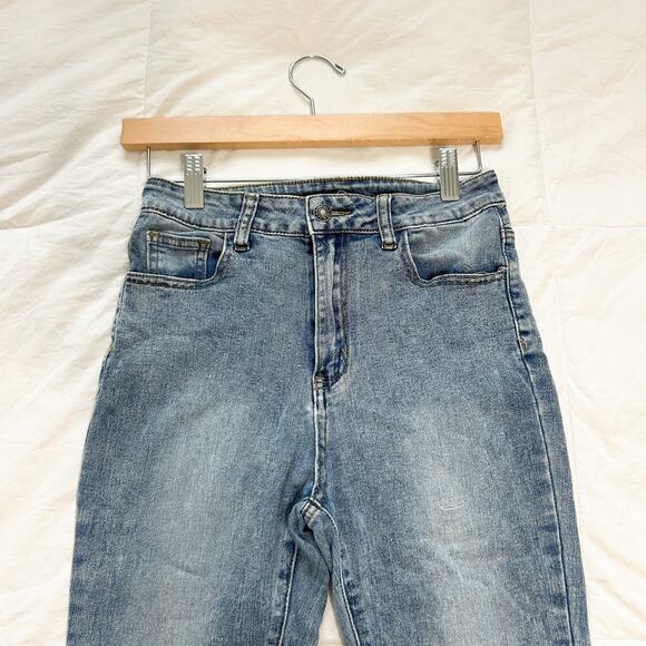 SHEIN High Rise Flare Jeans Blue Wide Leg Frayed Hem Retro Y2K Size Small 4 - Picture 9 of 9